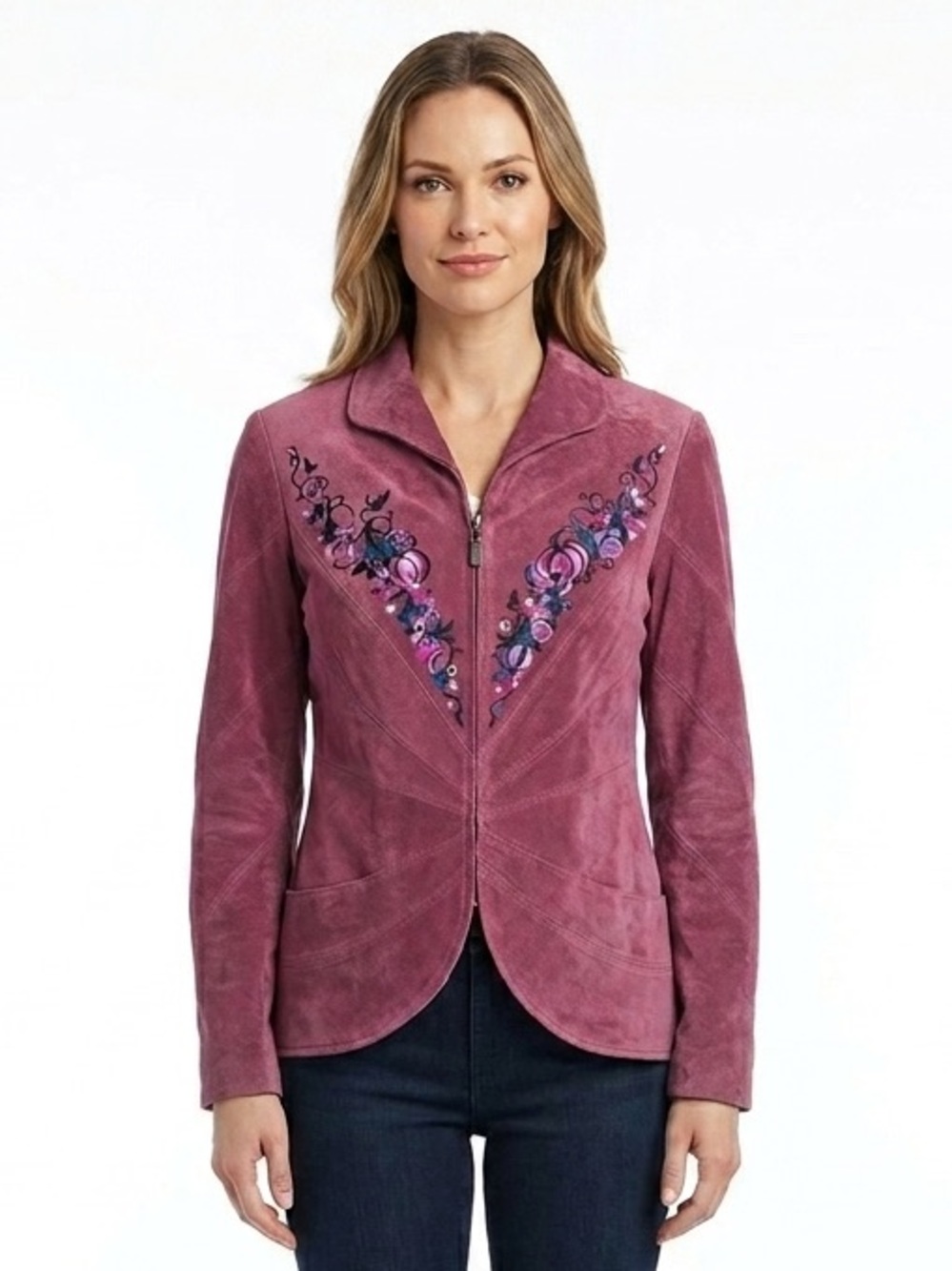 Bob Mackie Wearable Art Embroidered Mauve Suede Leather Jacket NWT Size S